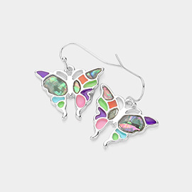 Abalone Pointed Enamel Butterfly Dangle Earrings